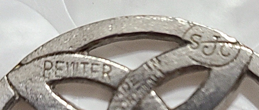SJC Signed Vintage Celtic Trinity Knot Brooch Made of Pewter in Cornwall