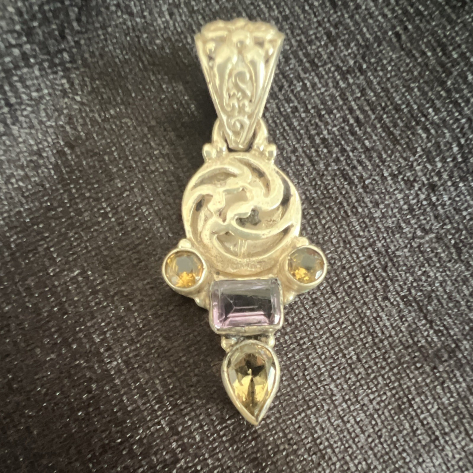 Silver Tone Swirl Asymmetrical Charm Pendant, Bezel Set multiple color Stone