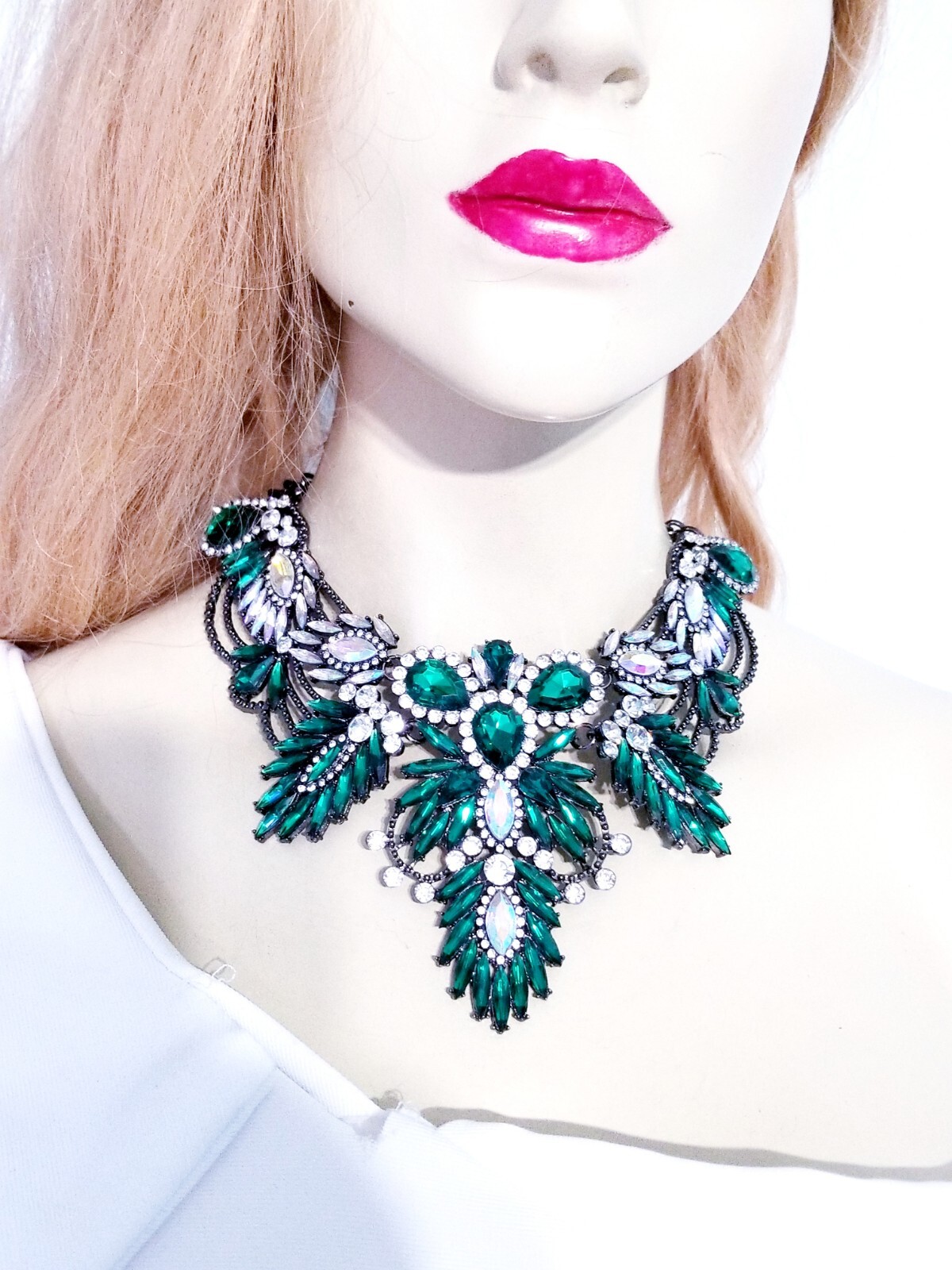 Green Statement Choker Rhinestone Necklace Bridal Prom Pageant Gothic