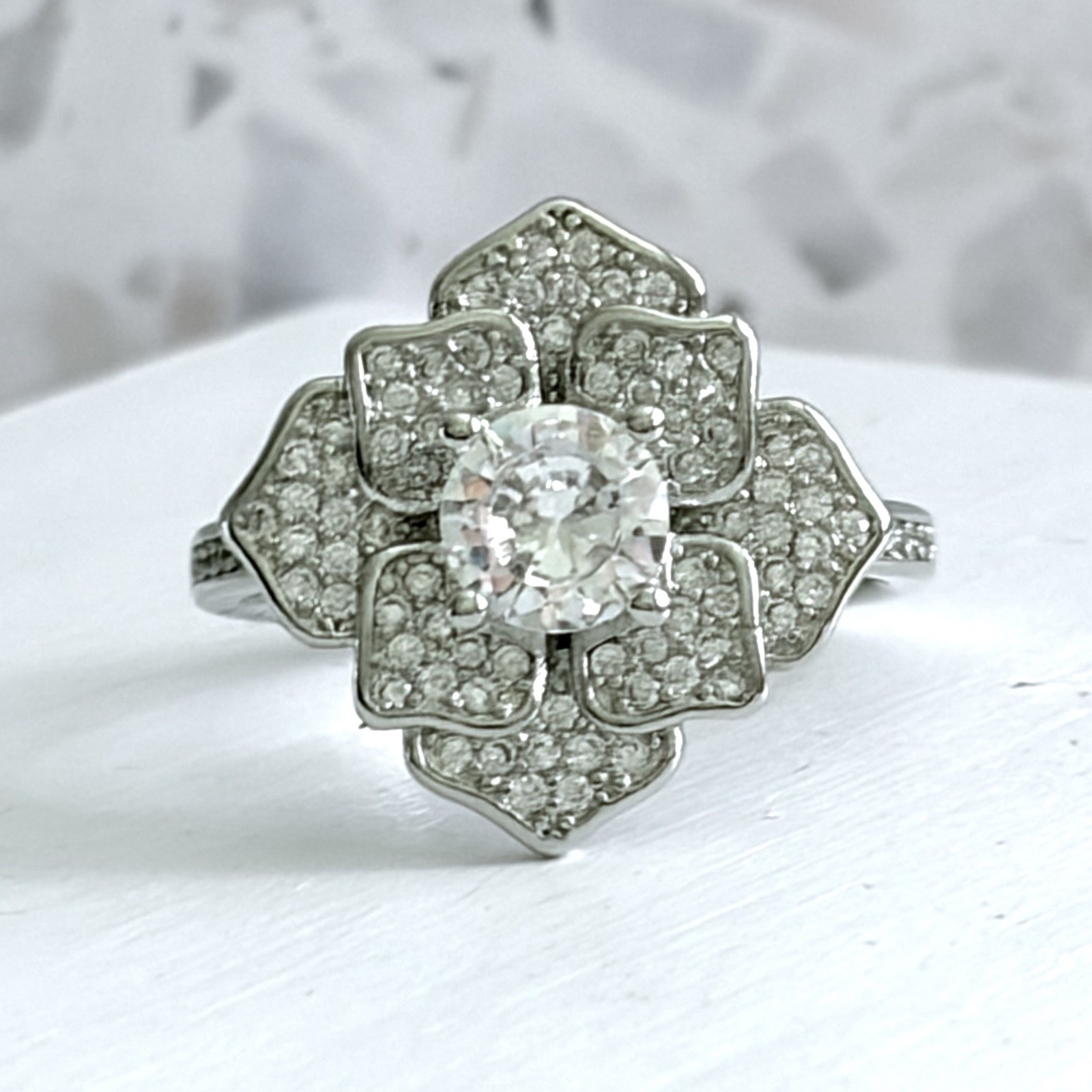Floral Inspired 14K White Gold 925 S.S. Simulated Sapphire Women’s Ring