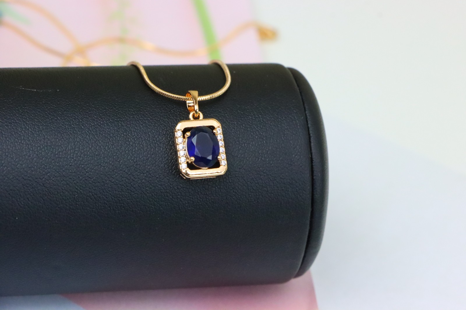Rose Gold Rectangle Pendant with Blue Stone and Crystal Accents, XPPT1276