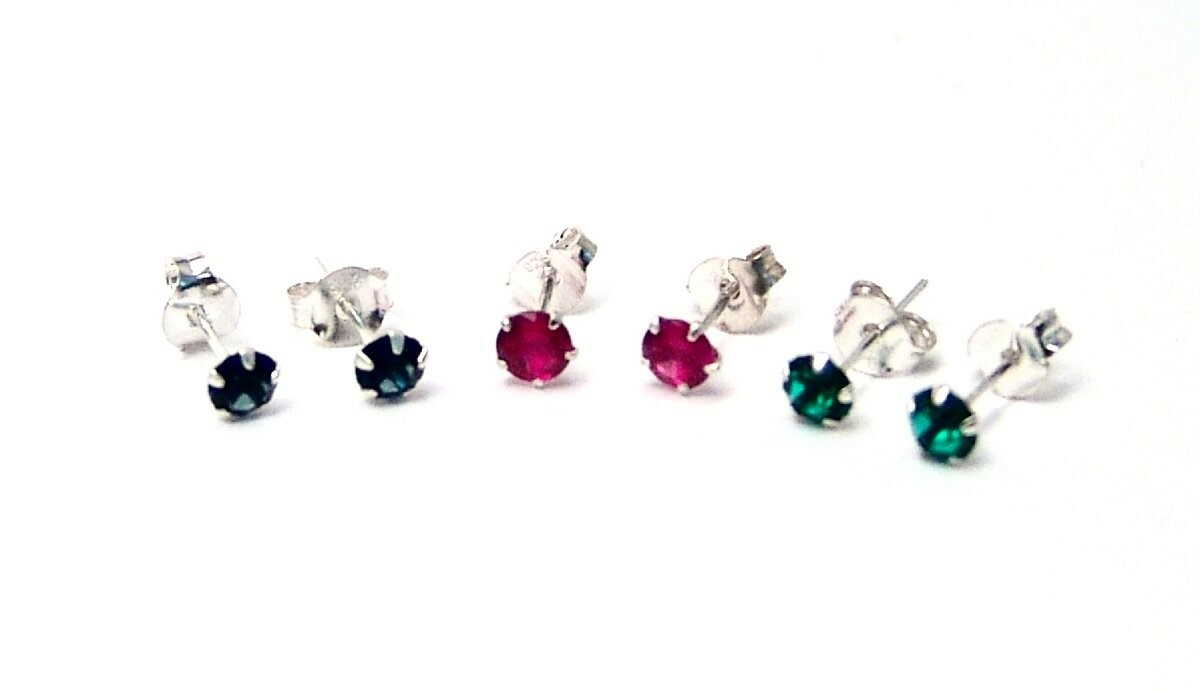 Sterling Silver Stud Earrings Select Green Red or Blue Small Dainty