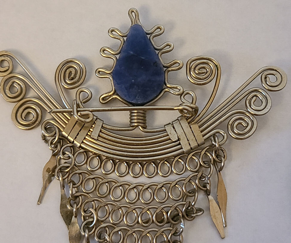 Egyptian style silver wire wrapped brooch pin and earrings w/ blue center stone