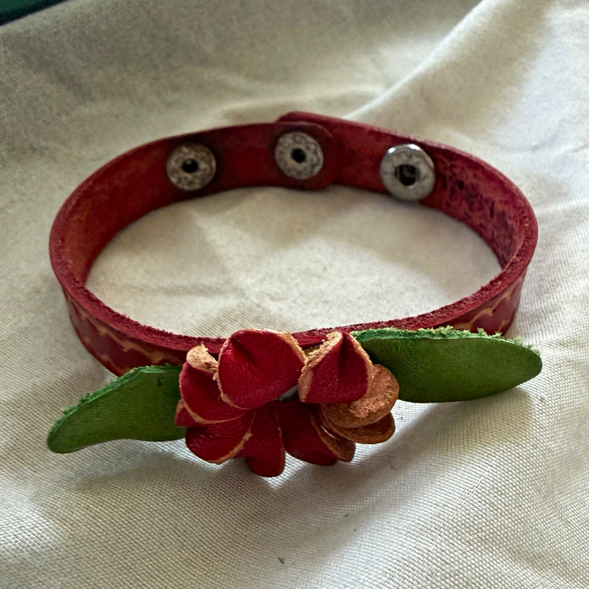 Red Leather Wrap Bracelet Adjustable Snap Closure Flower Charm Green Accent