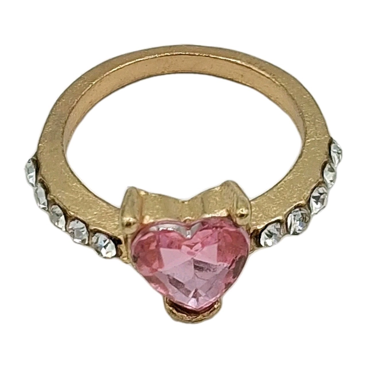 Gold Tone Pink Heart Rhinestone Ring Size 6.5 Romantic Valentine’s Fashion