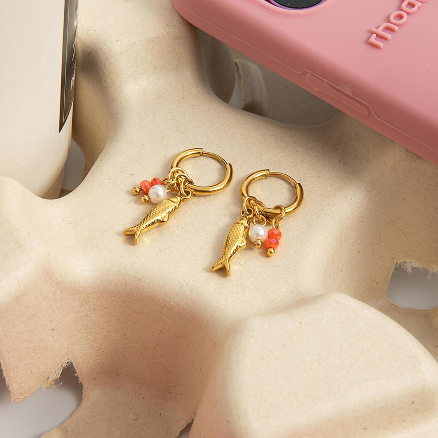 Beach Fish Starfish Conch Earrings for Women, Boho Gold Pearl Bead Ocean Earring