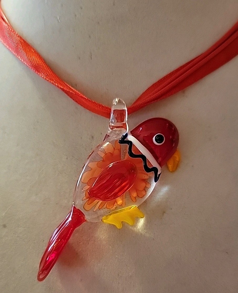 Red Ribbon Lobster Closure Glass Bird Necklace 18in
