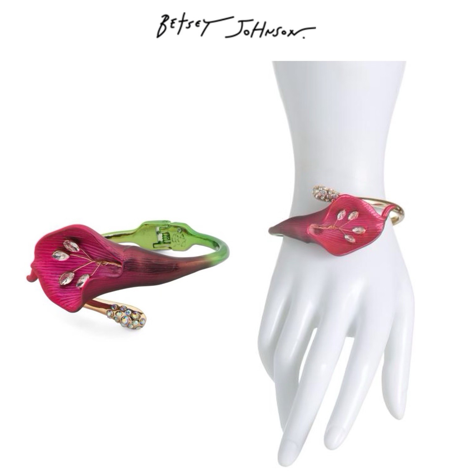 NWT Betsey Johnson CALLA LILY Gold Tone Stones Metallic Ombré Hinge Bracelet