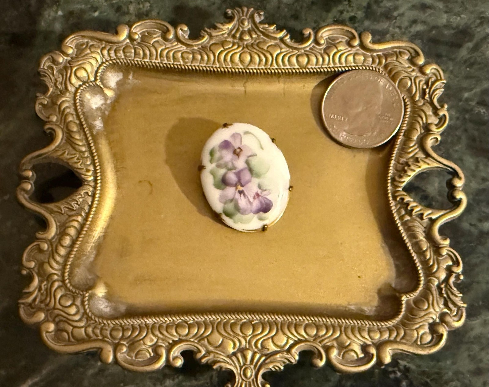 Antique Hand-Painted Porcelain Floral Brooch – Victorian / Edwardian Brass Pin –