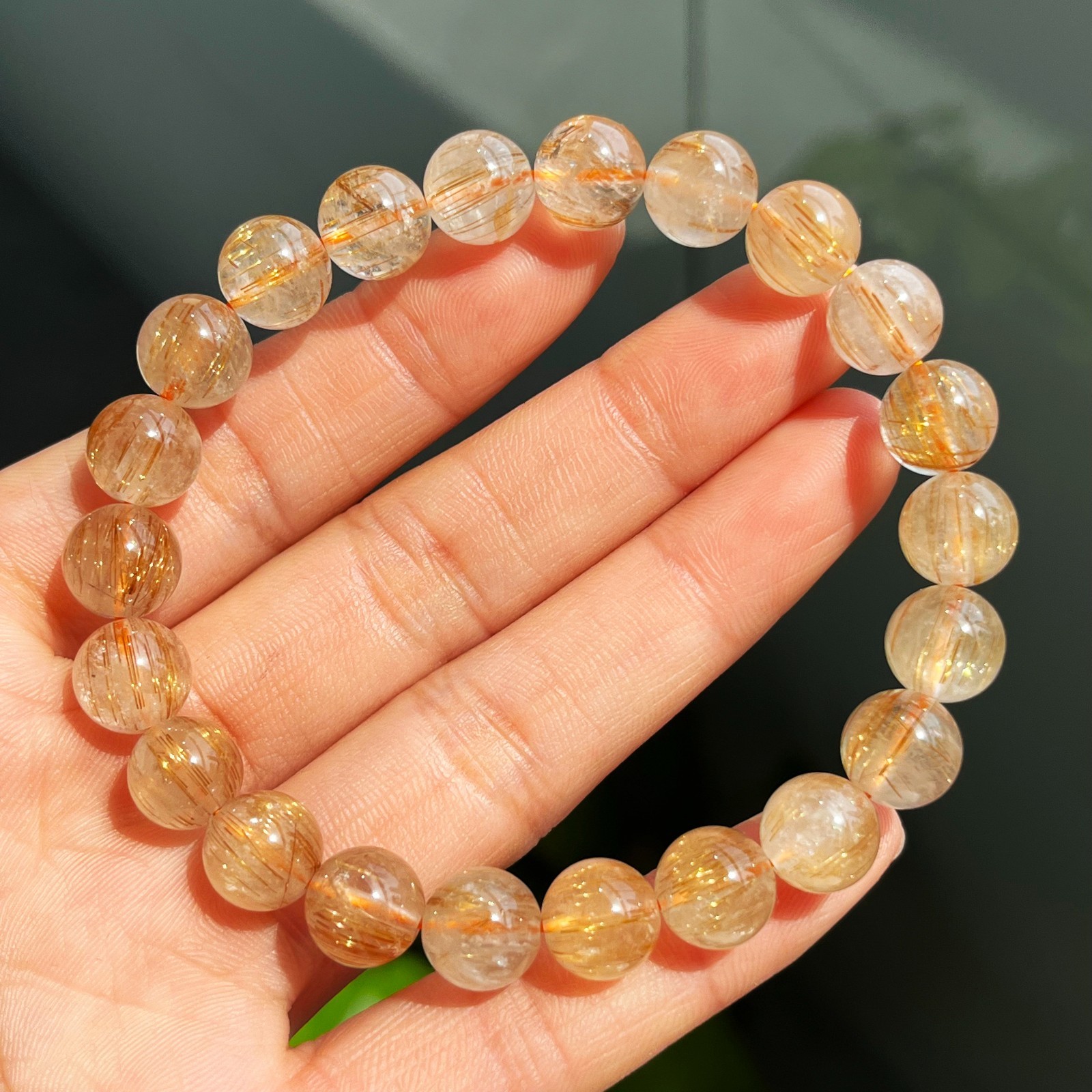 9.3mm Natural Copper hair Rutilated Quartz Crystal Beads Bracelet 2957