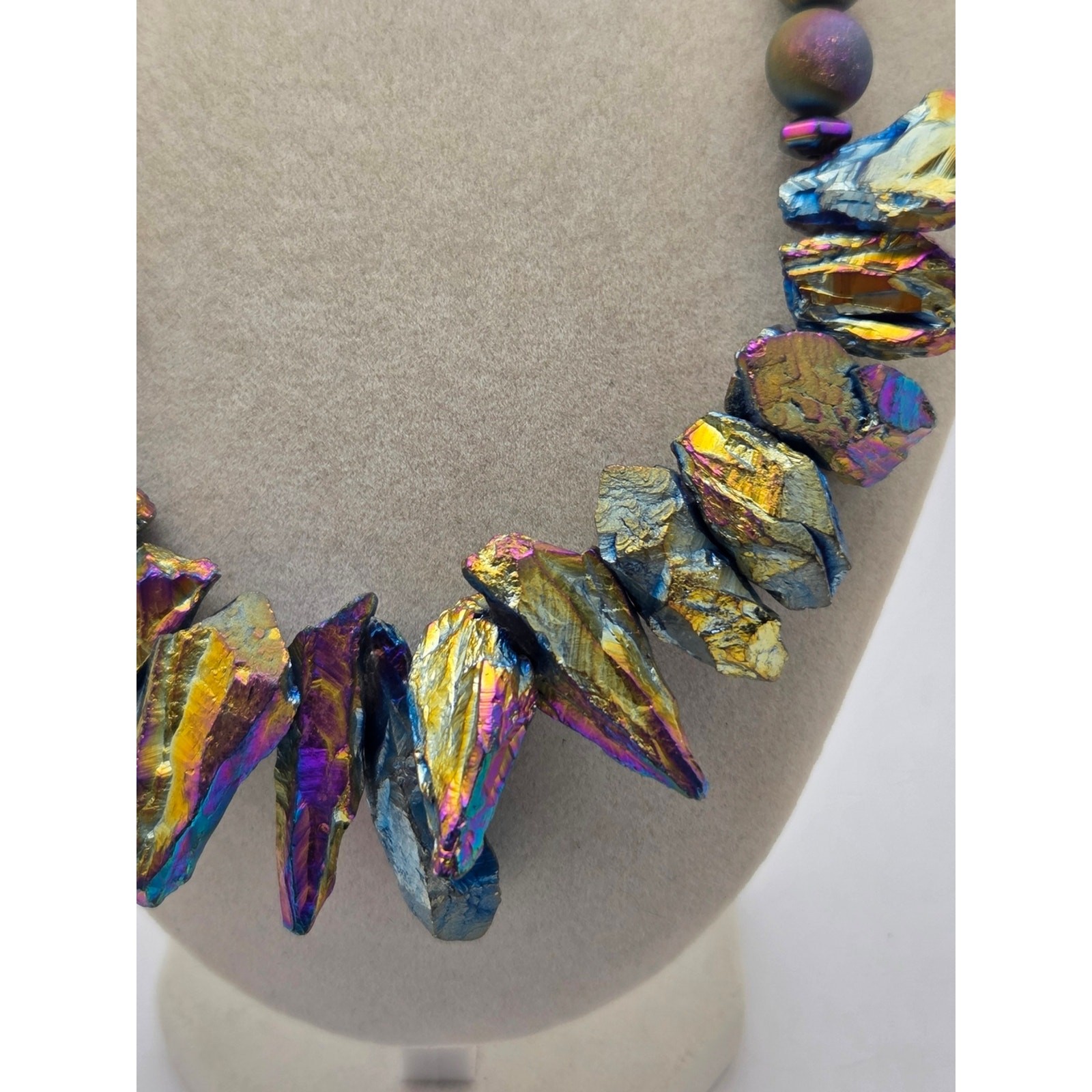 Raw Rainbow Aura Titanium Quartz & Lava Rock Statement Bib Necklace – 16″