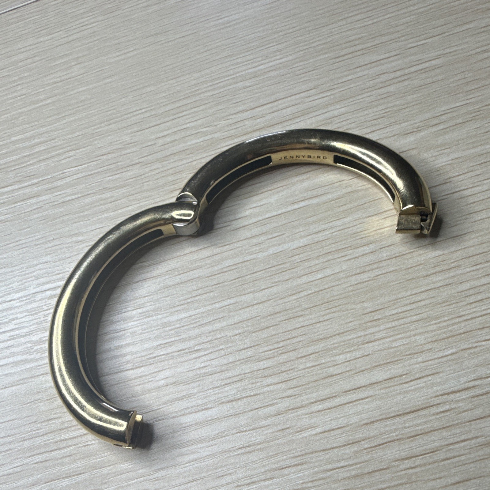Jenny Bird Gold Tone Hinged Bangle Bracelet, Signed, No Stone