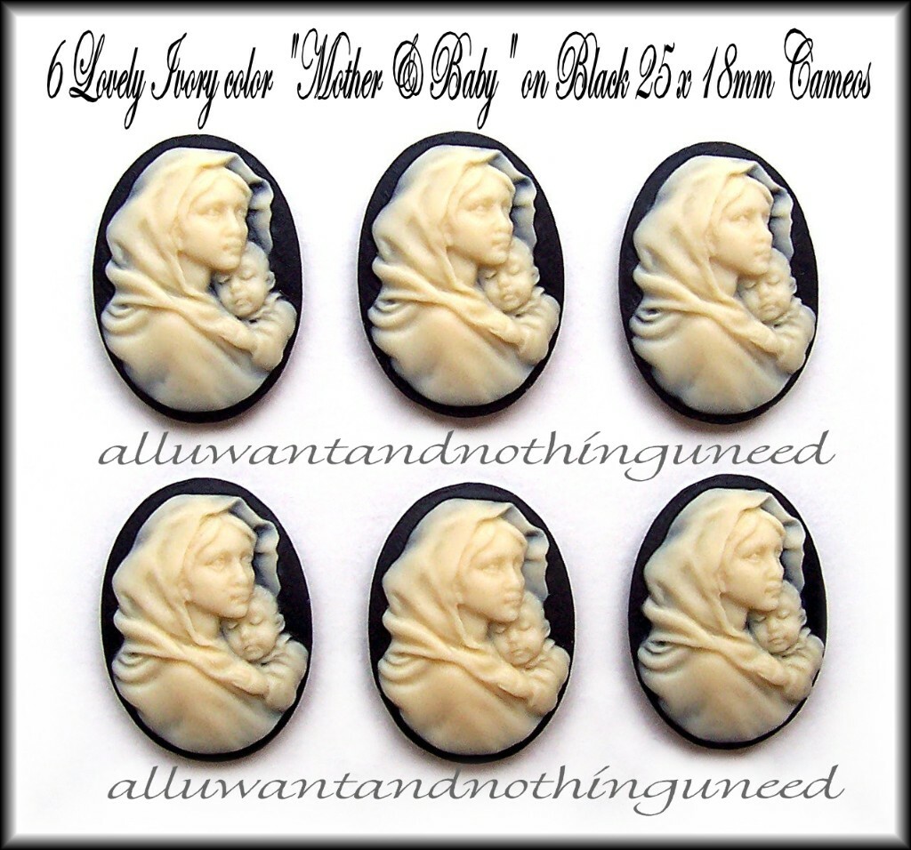 6 IVORY Color on BLACK Mother Holding Baby 25mm x 18mm Costume Jewelry CAMEOS