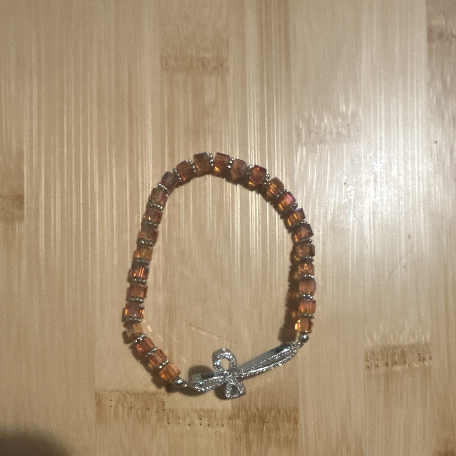Brown Crystal Round Bead Stretch Slip-On Bracelet Silver Tone Bow Dangle Charm