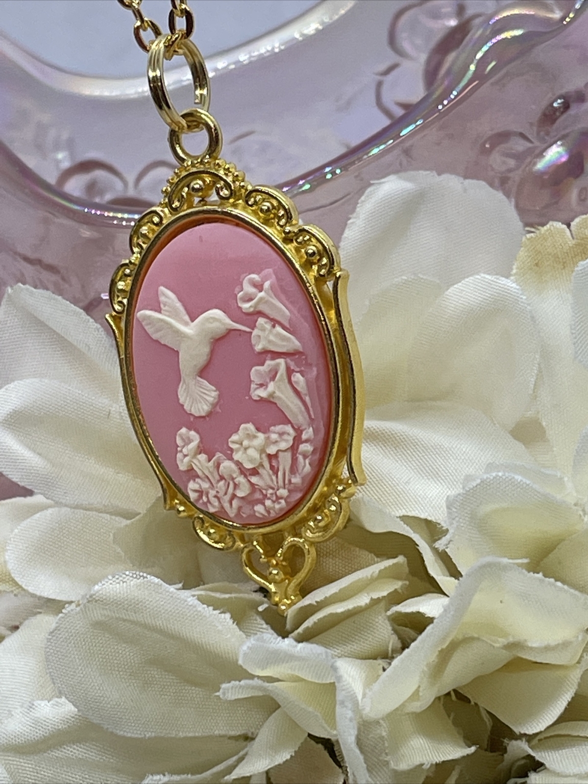 PINK Hummingbird Necklace Heart Cameo Mom Daughter Gold wedding JEWELRY Easter