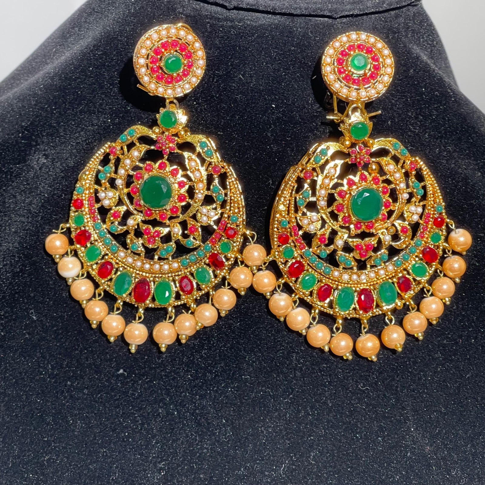Jadau Hyderabadi Indian Red Ruby Green Emerald Pearl Chandelier Earrings
