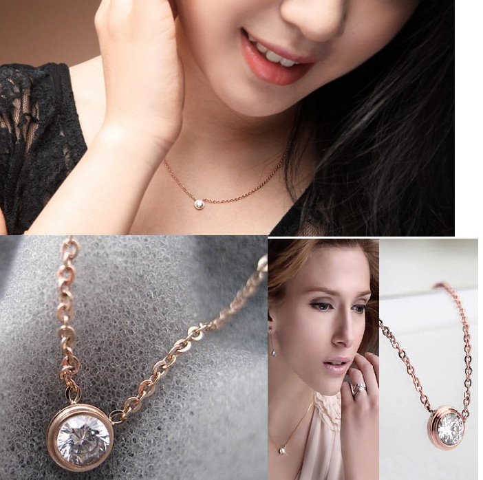 18″ Rose Gold Stainless Steel Love Round 0.25cts CZ Pendant Necklace Gift PE11