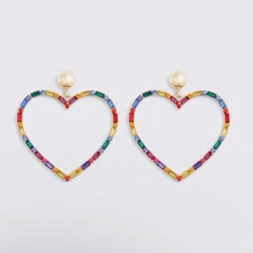 Aldo Gold Crystal Multicolor Rainbow Baguette Open Heart Dangle Drop Earrings