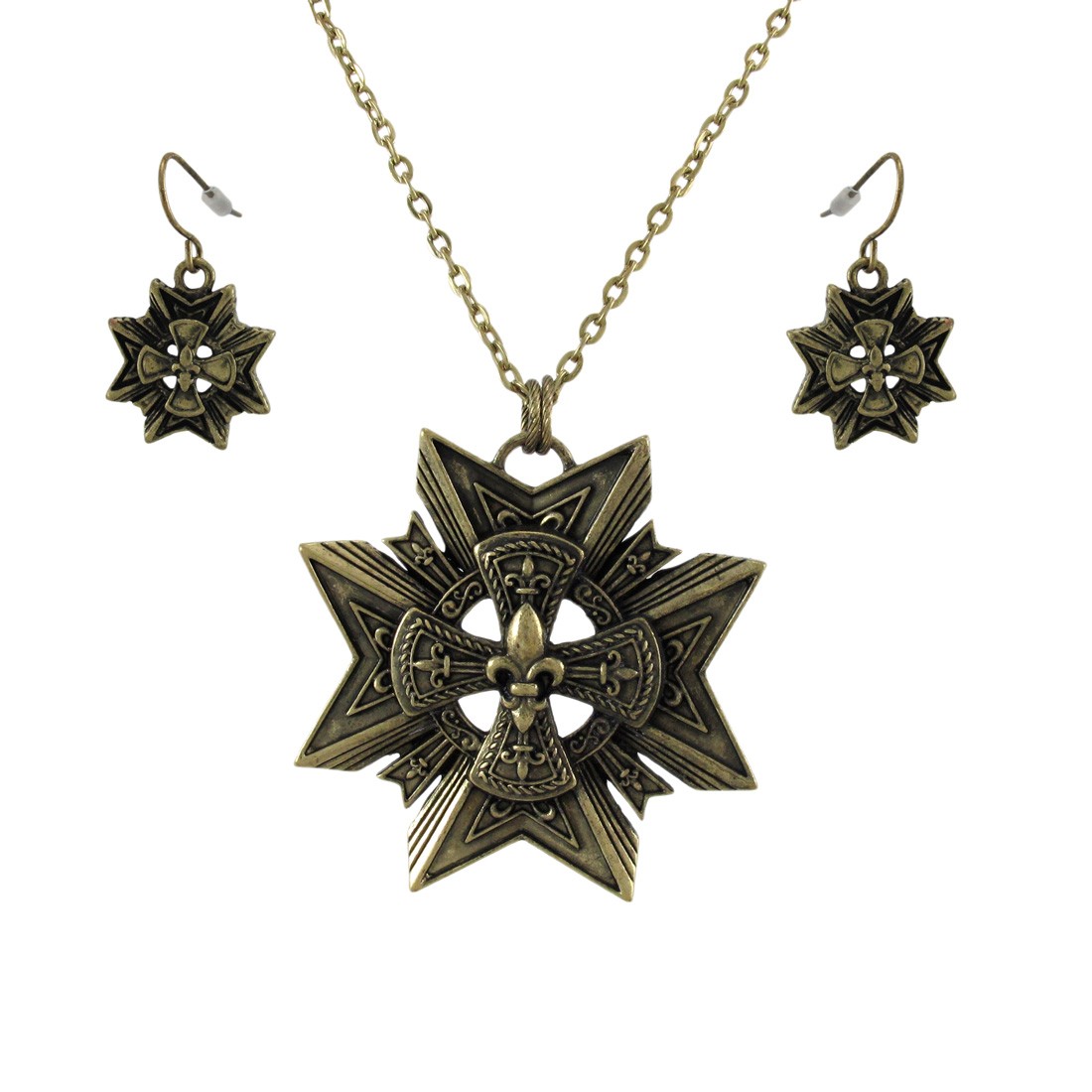 Zeckos Bronze Star + Fleur de Lis Necklace and Dangle Earrings Set