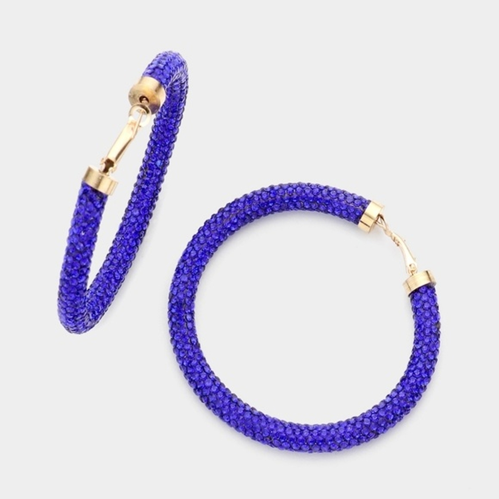 Gold Blue Stone Detail 2.5″ Rhinestone Hoop Crystal Pave Round Bling Sparkling