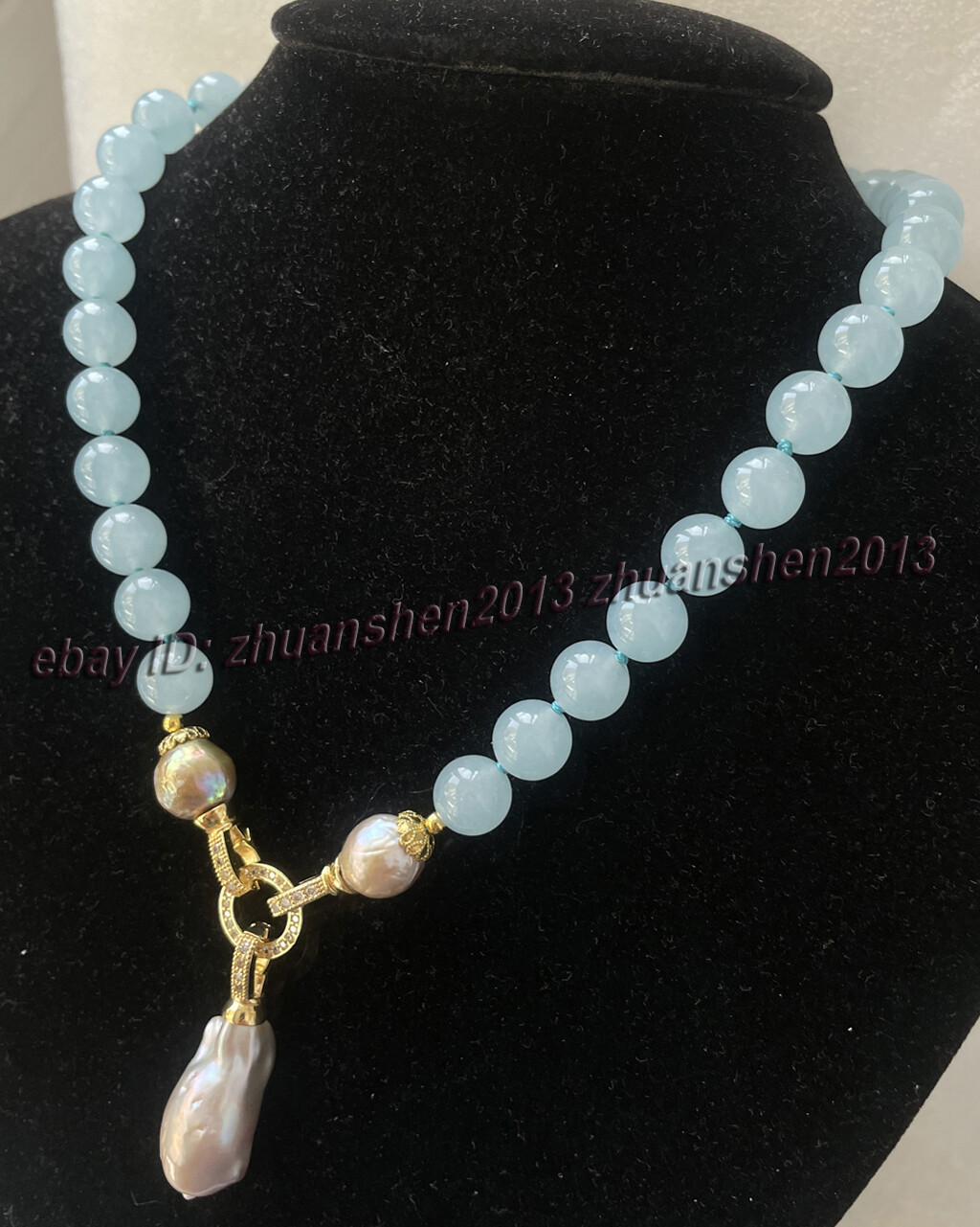 16-28″ 10mm Round Brazilian Aquamarine Gems Beads Baroque Pearl Pendant Necklace