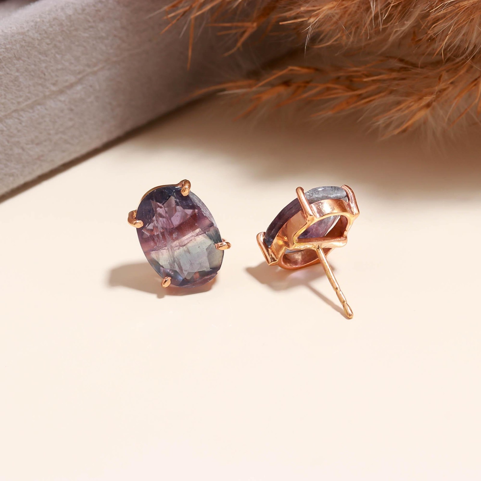 Natural Fluorite Oval Stud Earrings Rose Gold Plated 925 Sterling Silver Jewelry