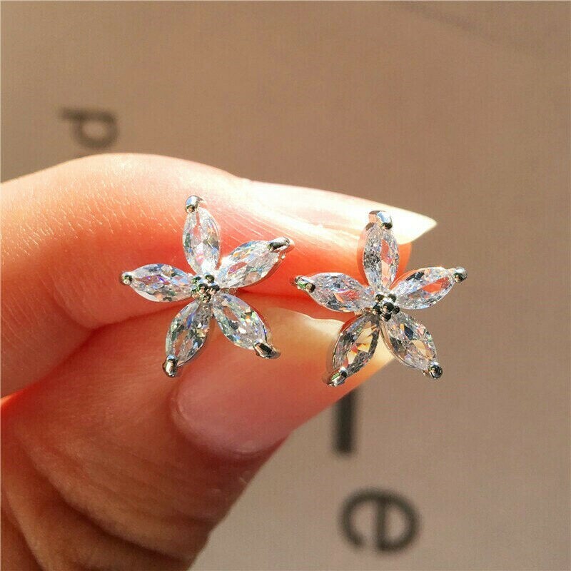 Pretty New Silver Plated Clear White Marquis CZ Flower Stud Earrings