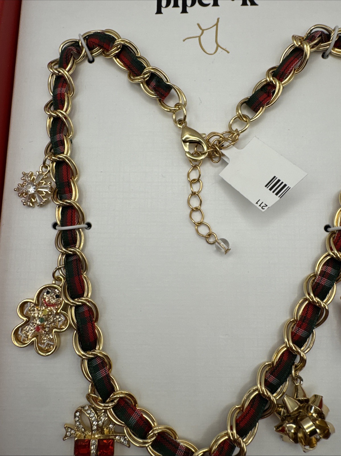 Piper K Christmas Rudolph Charm Necklace Plaid Ribbon Bows Gingerbread New