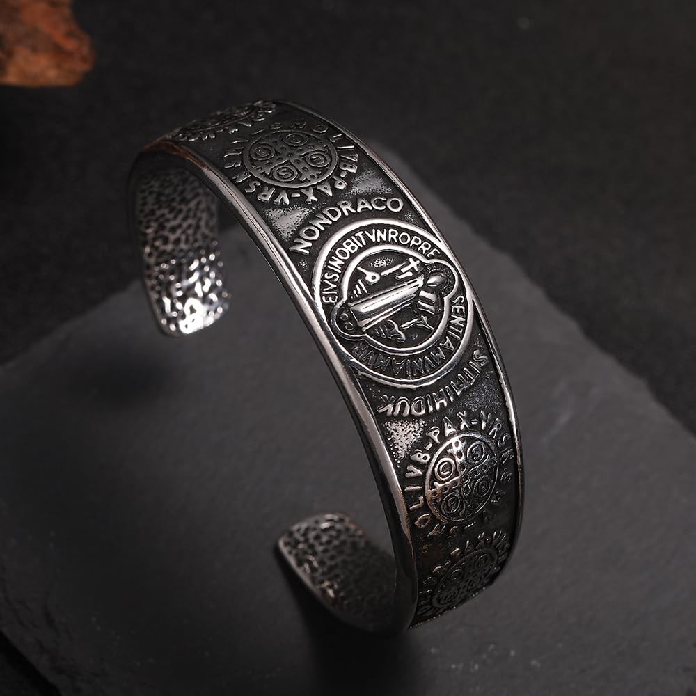 St Benedict Exorcism Medal Cuff Bracelet, Stainless Steel Christian Catholic …