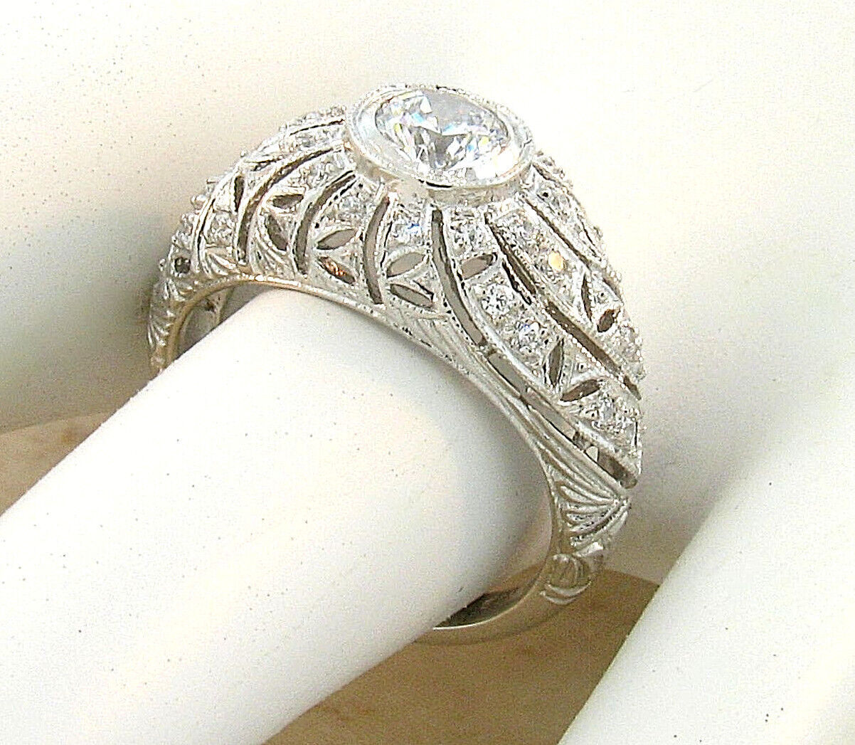 DECO ANTIQUE STYLE 925 STERLING SILVER CUBIC ZIRCONIA FILIGREE DOME RING 620Z
