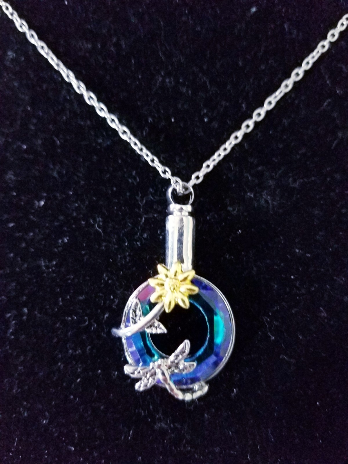 Silver Tone Urn Cremation Memorial Necklace Dragonfly Pendant for Ashes Blue
