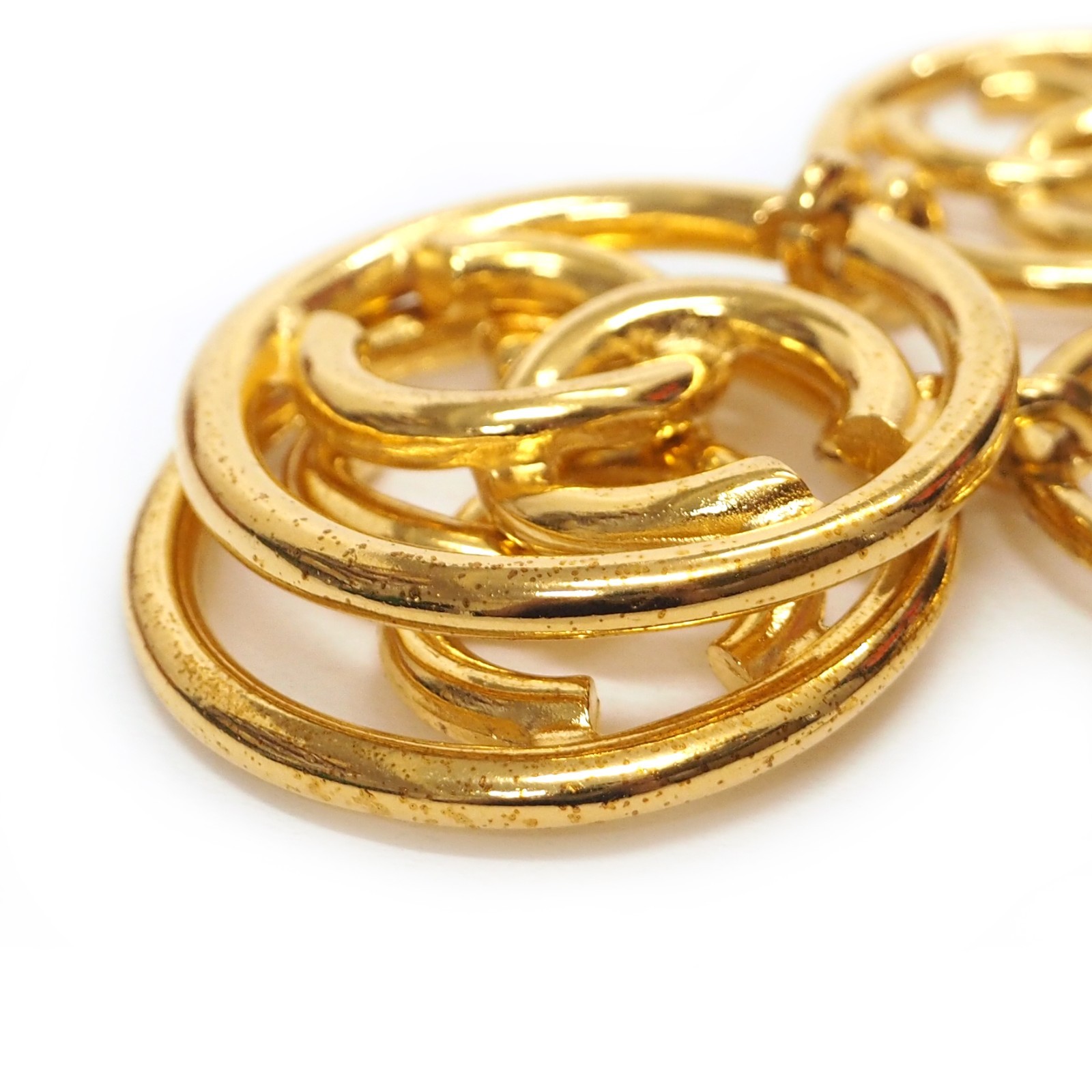 CHANEL Gold Plated CC Logos Round Swing Vintage Clip Earrings #1256c Rise-on