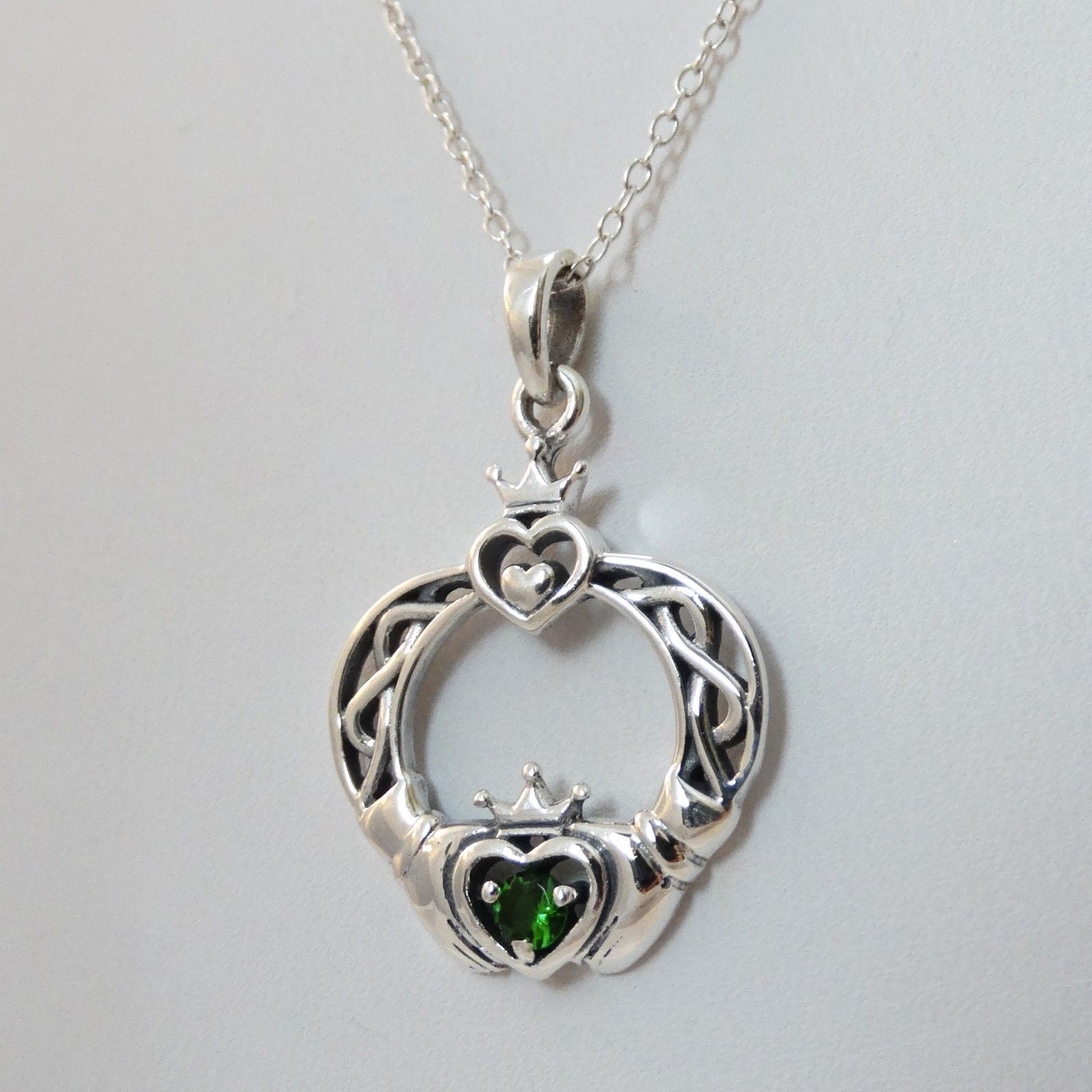 Sterling Silver Irish Claddagh Pendant Necklace with Green Class, 18″ Chain