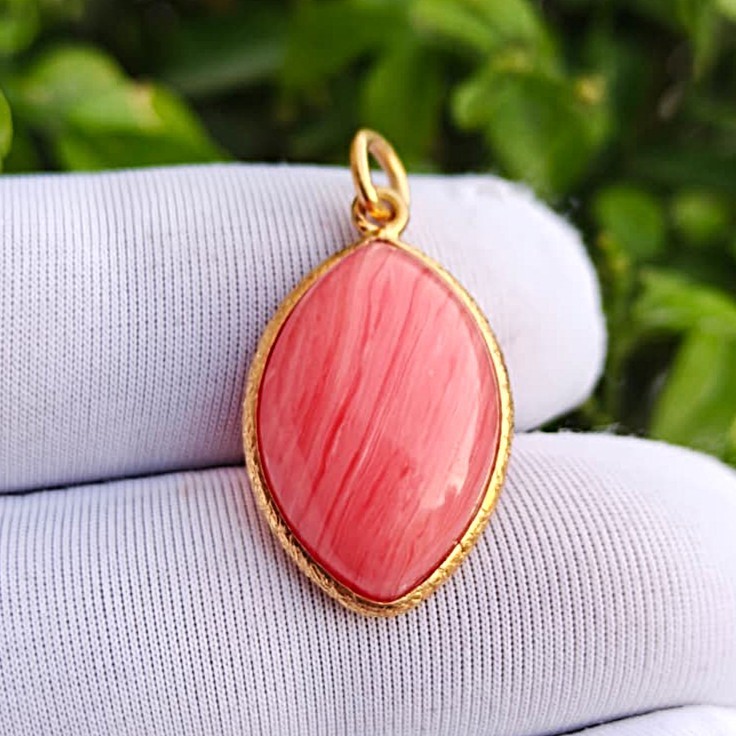 Handmade Rhodochrosite Gemstone Pendant, Gold Plated 925 Sterling Silver Charm