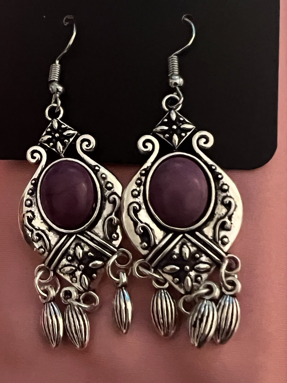 Silver Tone Purple Oval Cabochon Bezel Dangle Drop Hook Earrings Lobe