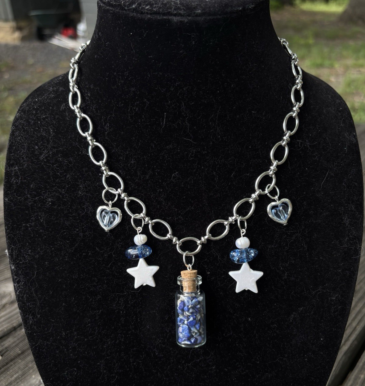 Handmade Blue Crystal Bottle Necklace Stainless Steel Star Charm Celestial Gift