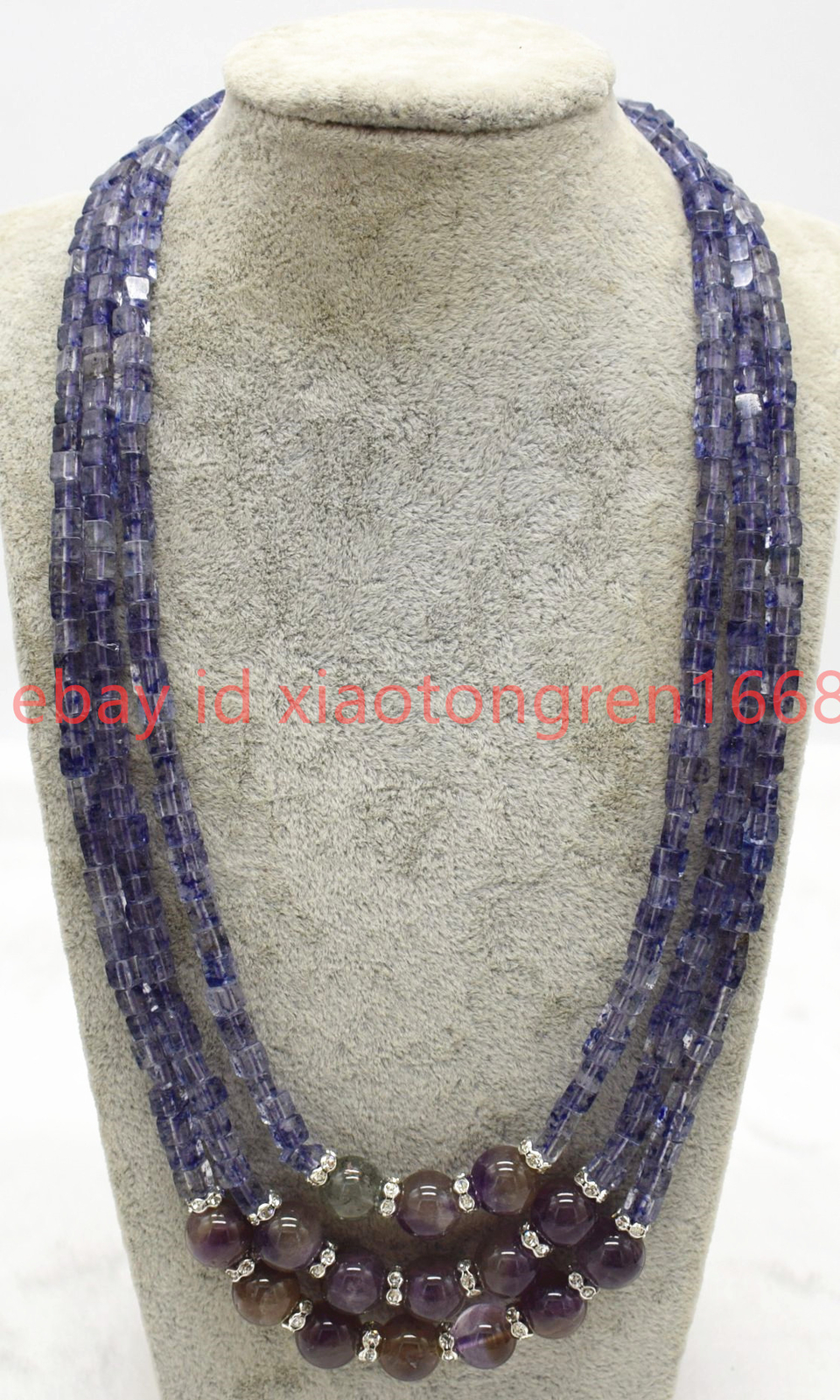 3 Rows 5x5mm Square Blue Watermelon Tourmaline 10mm Amethyst Necklace 17-19in