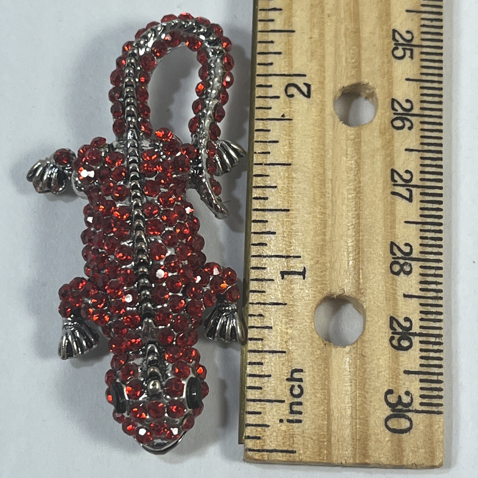 Gecko Red Rhinestone Lizard Pendant 2.25 In Silver