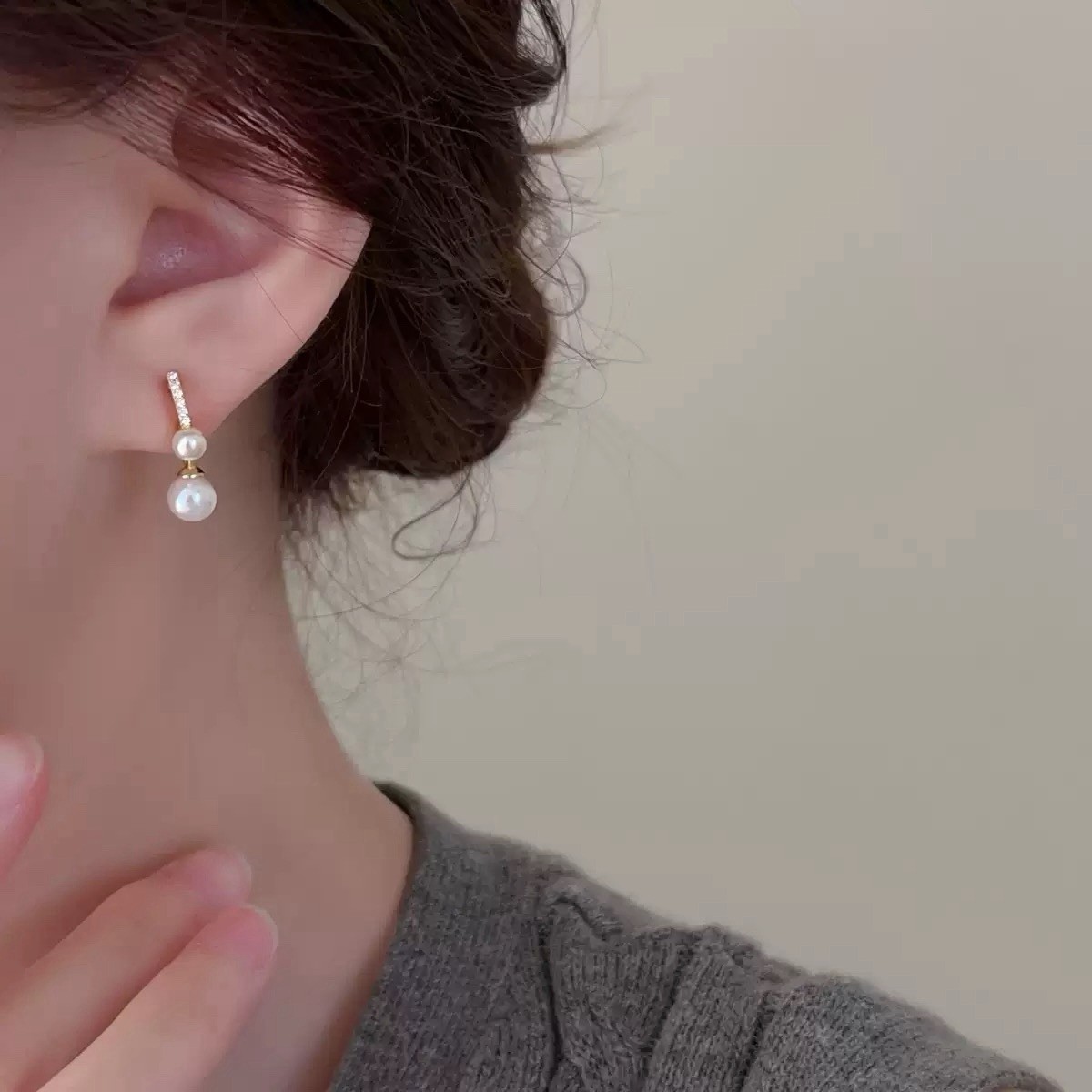 18K Gold Plated Double Pearl Drop Stud Earrings Dainty CZ Bar Pearl Earrings B23