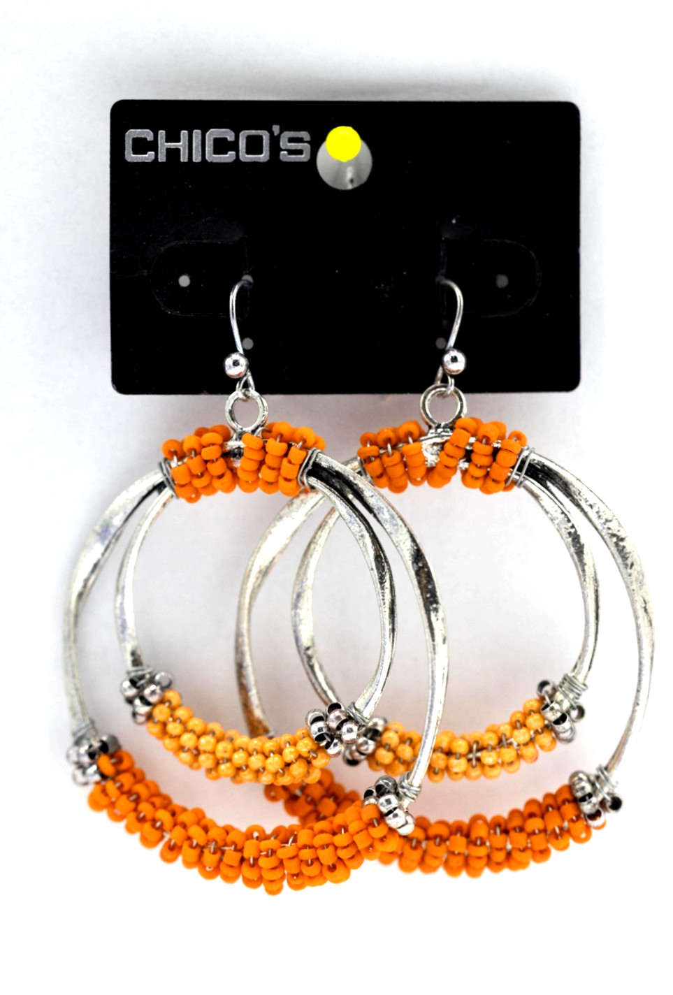 Chico’s Orange Bead Double Circle Drop Earrings Silver-tone New