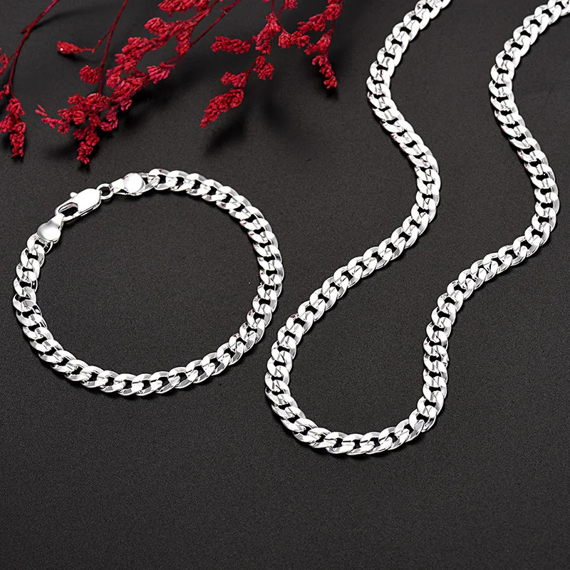 Hot High Quality 925 Sterling Silver Charm 7MM Chain Bracelets Neckalces Jewelry
