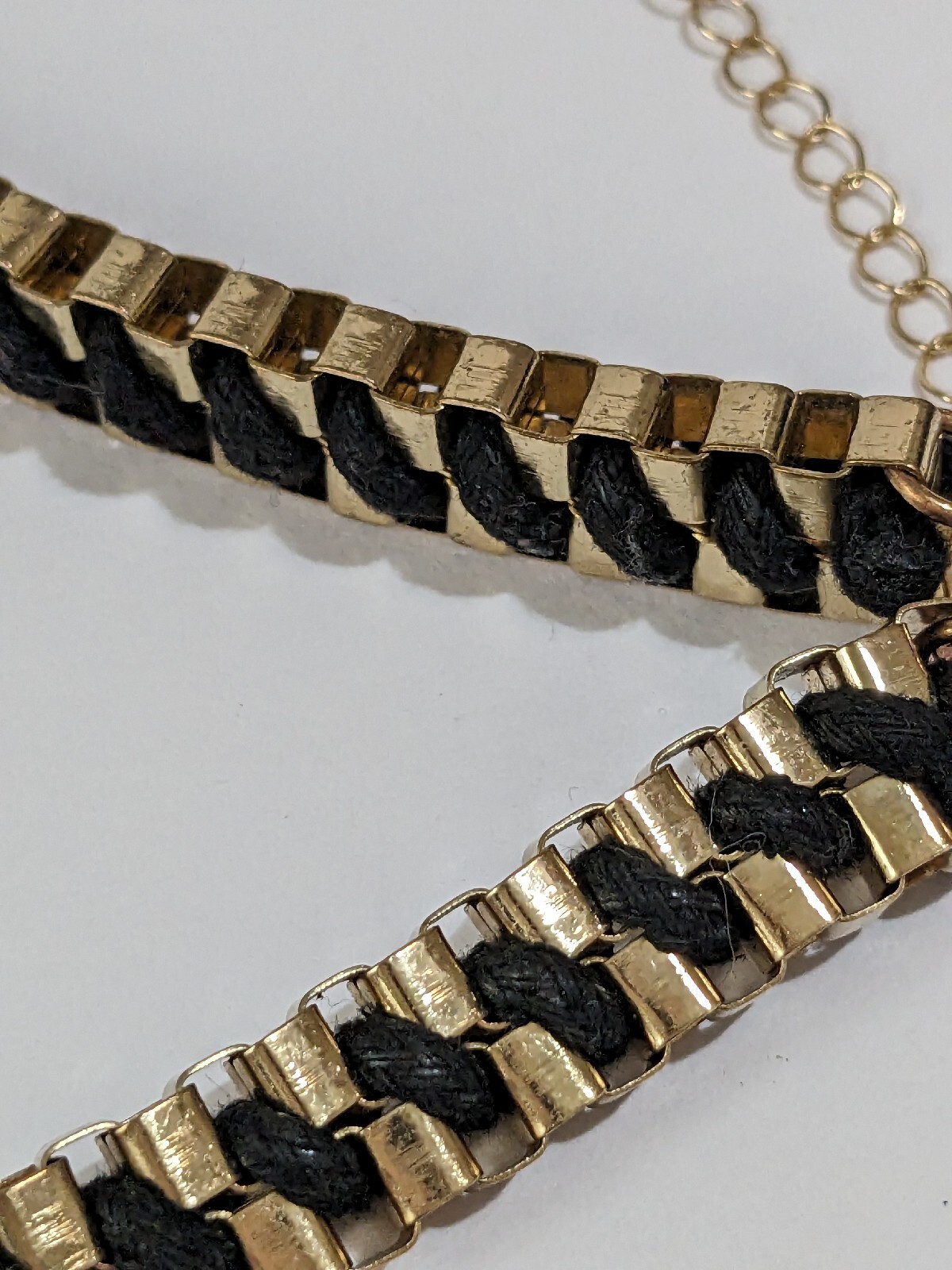 Gold Tone And Black Cord Braided Box Chain Necklace. Vintage. 16 Inch.