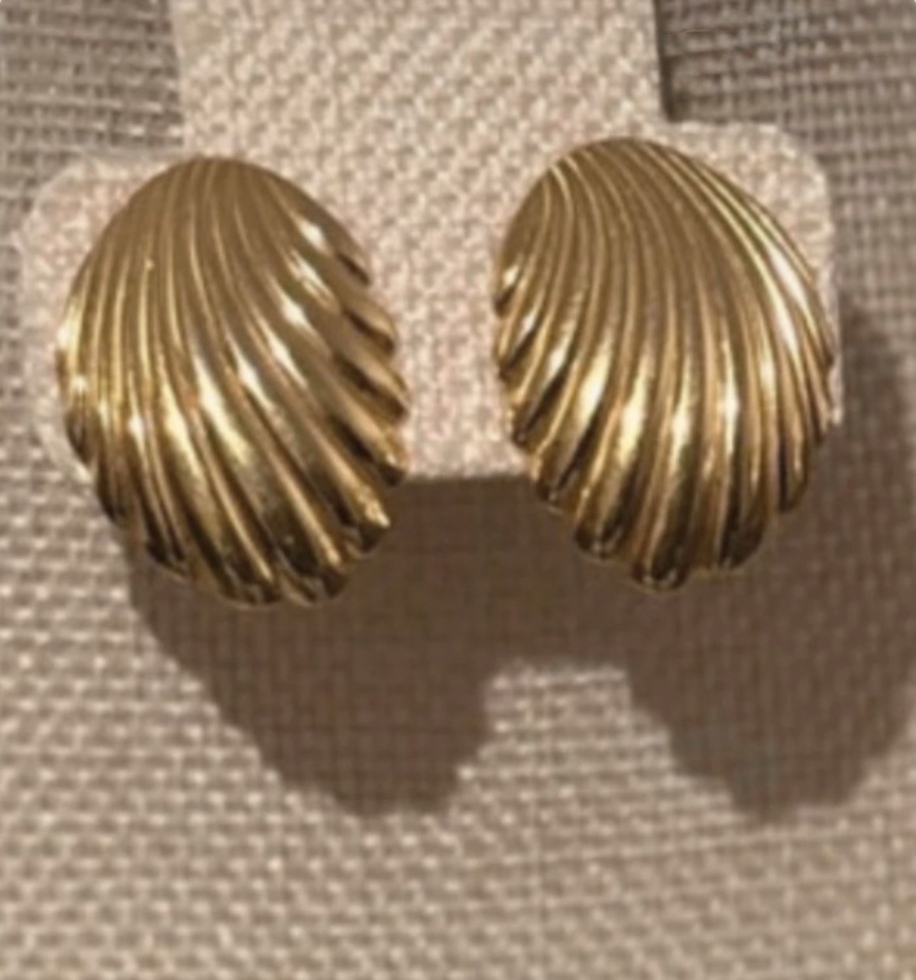 Gold Tone Ribbed Shell Oval Stud Earrings Pair, Metal, No Stone