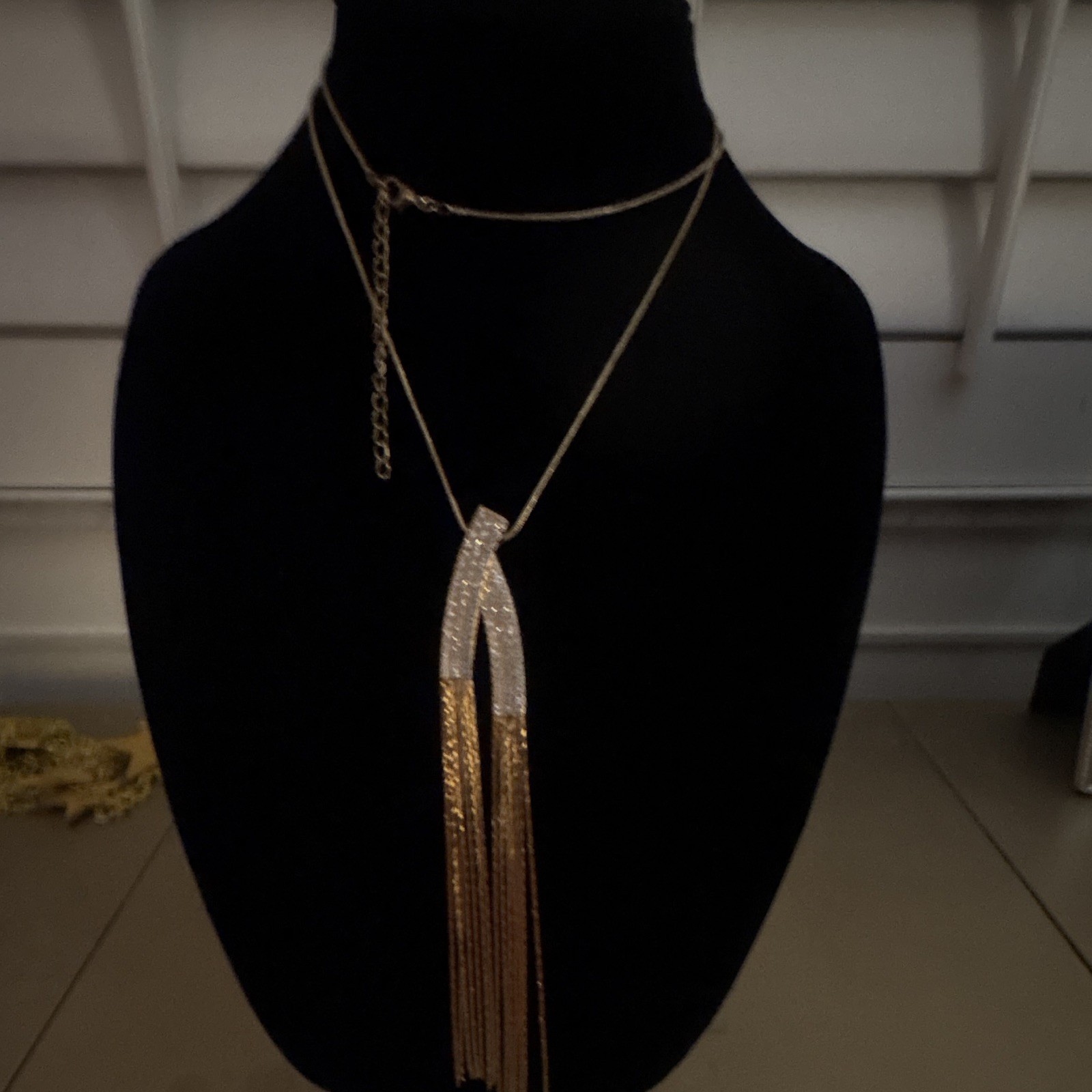 Gold Tone Tassel Fringe Pendant Necklace, Crystal Pavé, Snake Chain Adjustable