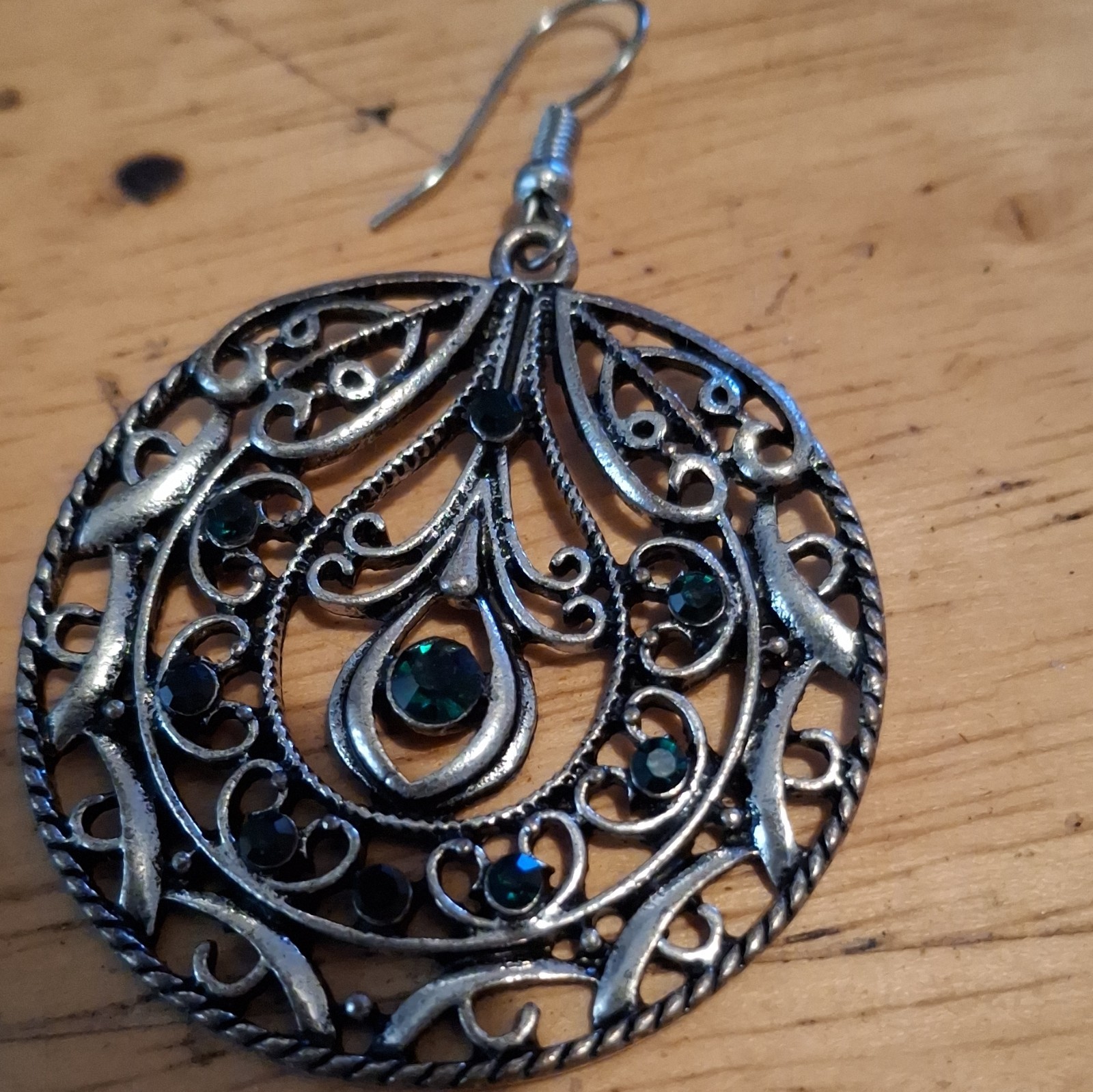 Silver Tone Metal Round Filigree Dangle Drop Earrings Green Round Crystal Hook