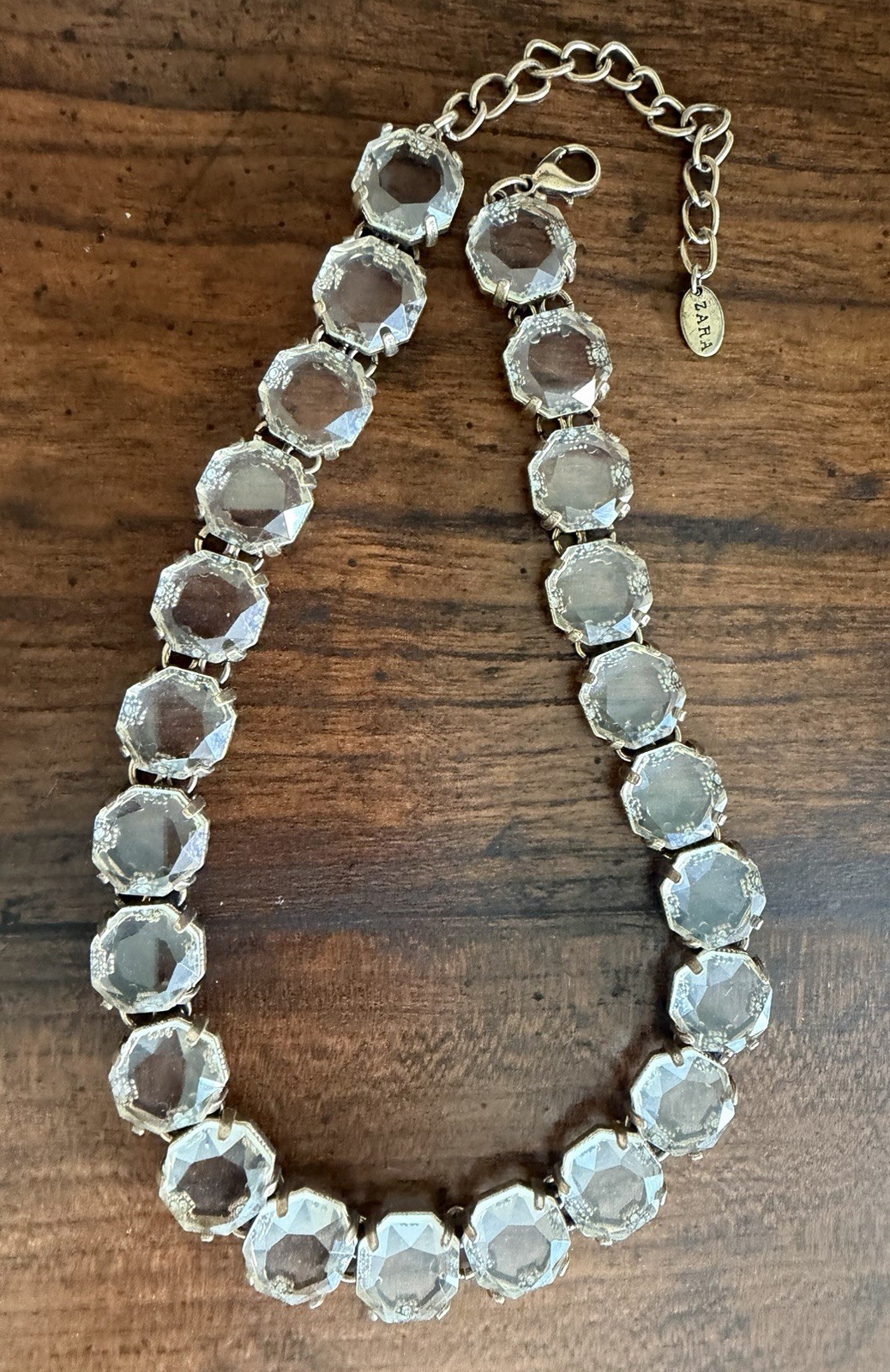 ZARA Statement Octagon Crystal Necklace Silver Tone Adjustable Cable Chain