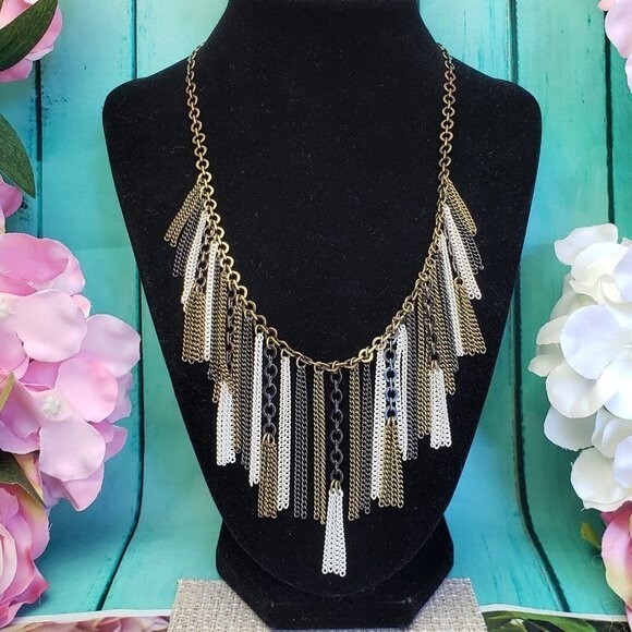 SILPADA KR Multi Tone Fringe Chain Necklace Gold Brass Gunmetal Tassel Statement
