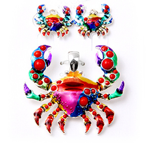 Multi Colored CRAB Pendant/Earring Set-Magnetic Closure-Epoxy Casting -2 Inches