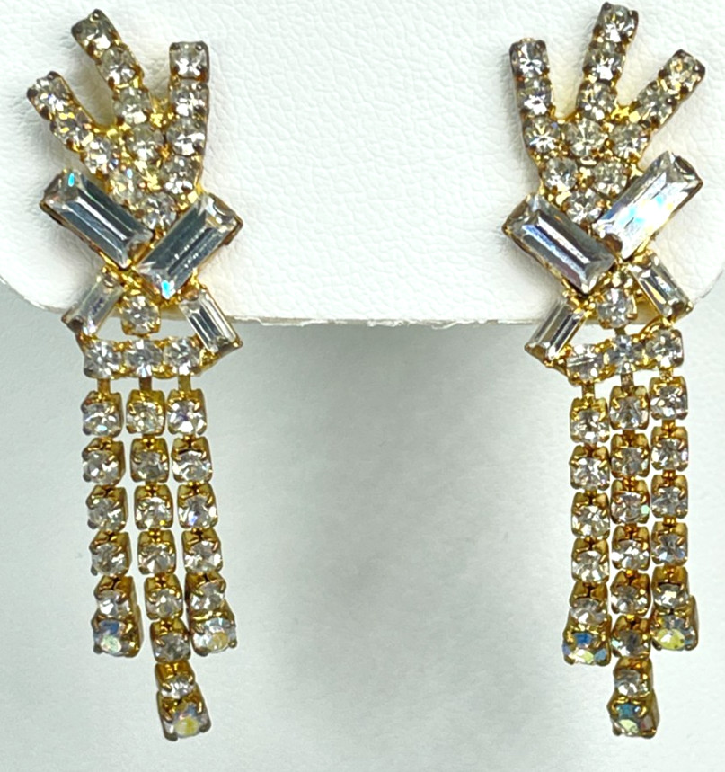 Earrings Dressy Gold Tone Clear Crystal Enhanced Asymmetrical Design. Drop = 2″