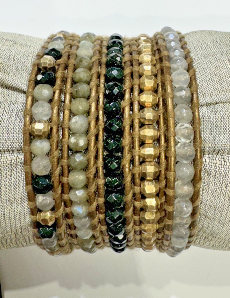 Chan Luu Leather 5 Wrap Semi Precious Stone Beads Bracelet 35″
